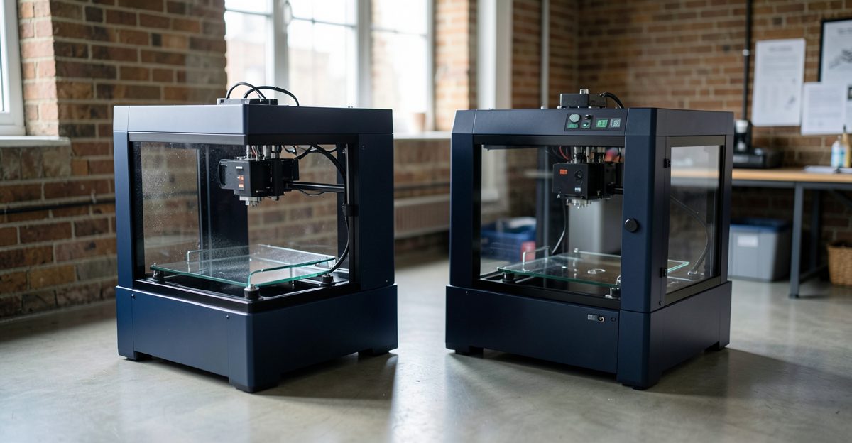 Bambu X1 Carbon vs Prusa MK4S - Thinglab UK 3D printing editorial illustration