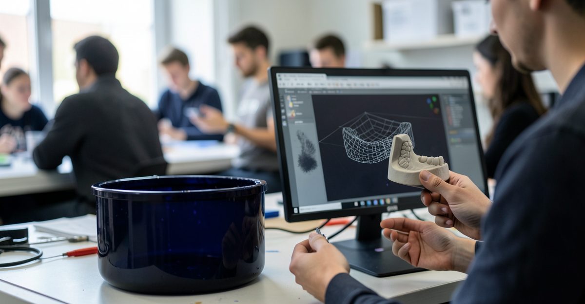 How does dental 3D printing integrate with existing CAD software? - Thinglab UK 3D printing editorial illustration